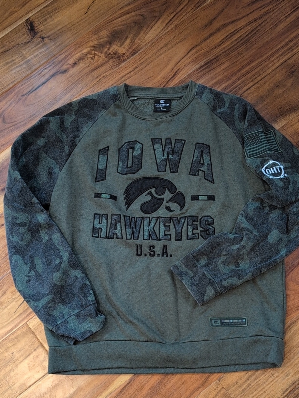 Iowa Hawkeyes Olive Crewneck Sweatshirt with Camo Sleeves